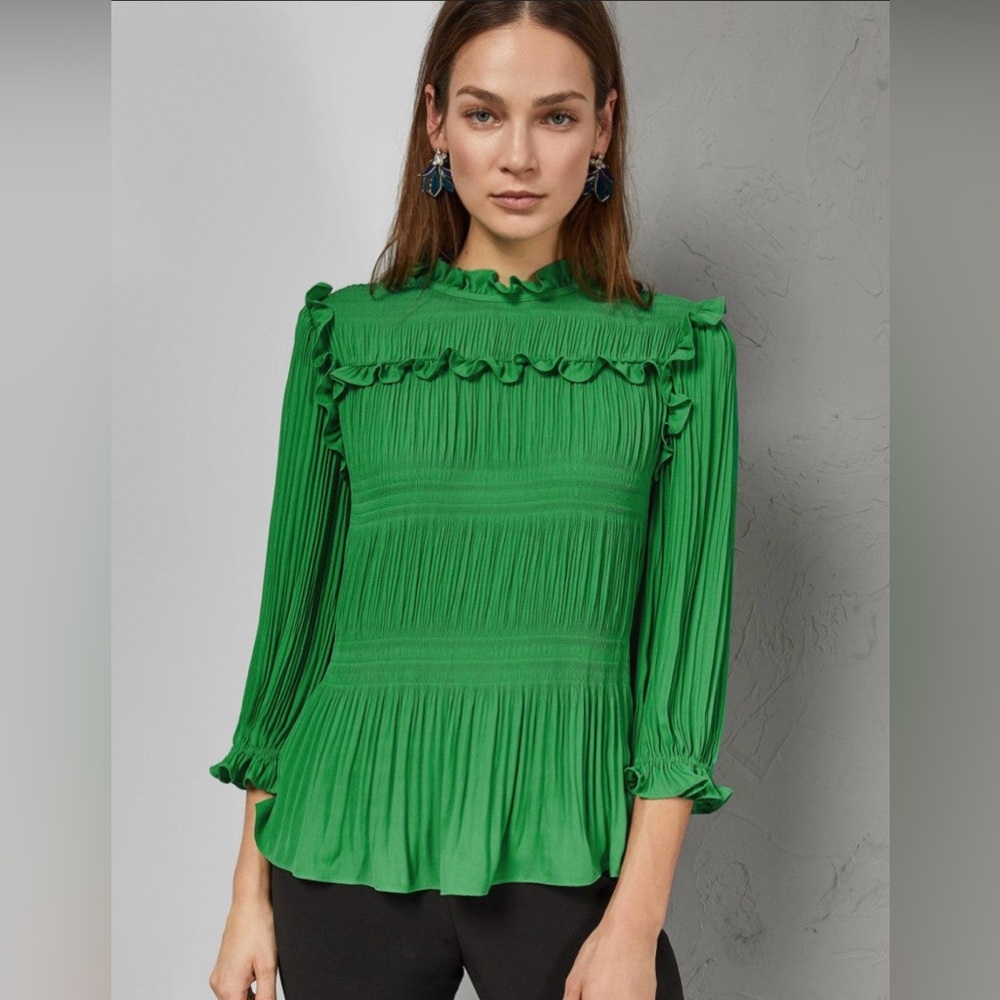 Ted Baker 'Airlie' Pleated Smocking High Neck long sleeve Top green Size L